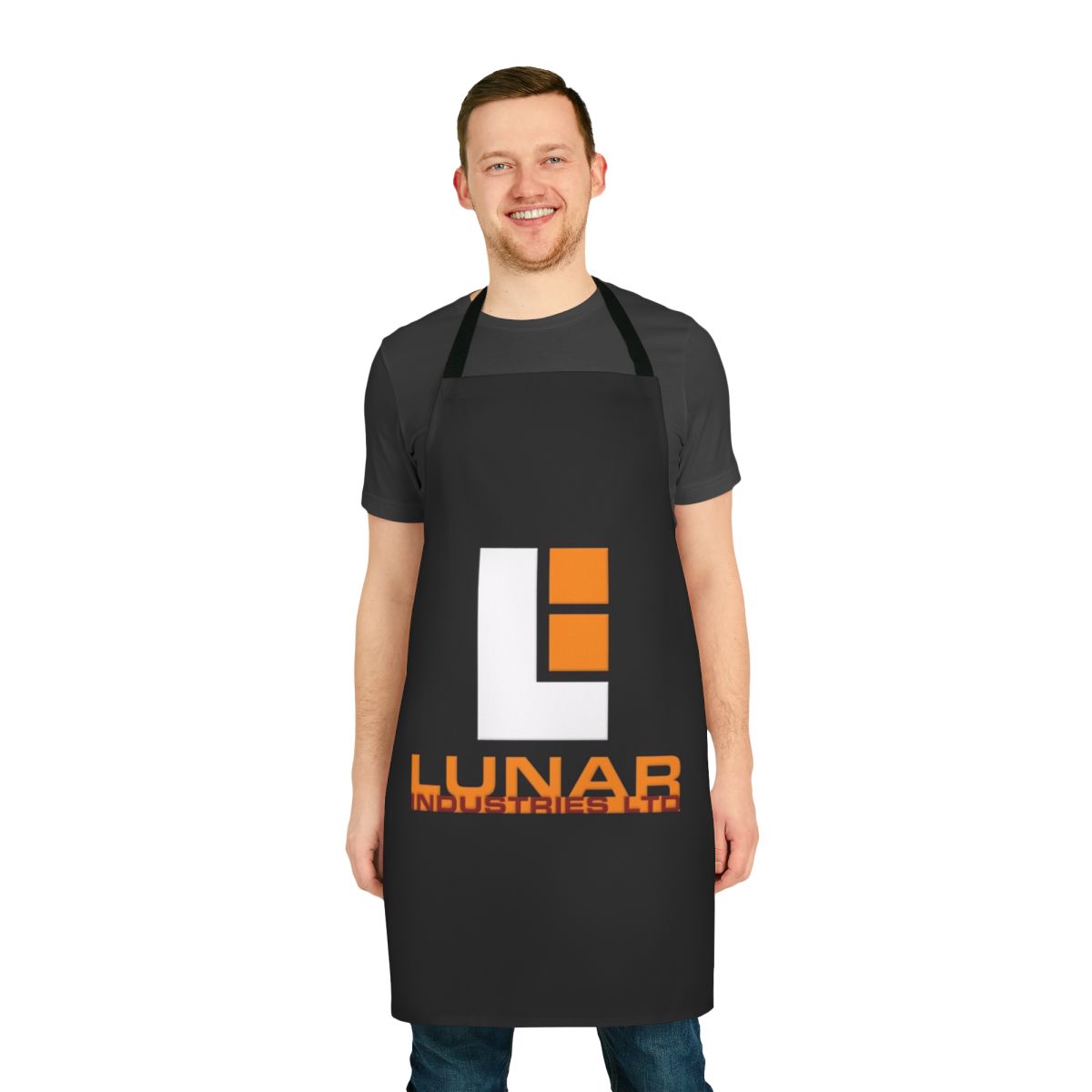 Apron featuring imagery and design elements inspired by the sci-fi film "Moon" and lunar exploration.