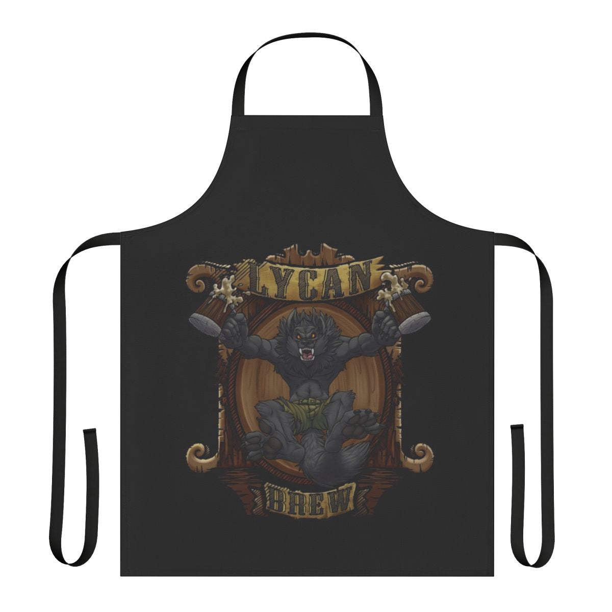 A spooky werewolf-themed apron with a brewing design for beer enthusiasts.