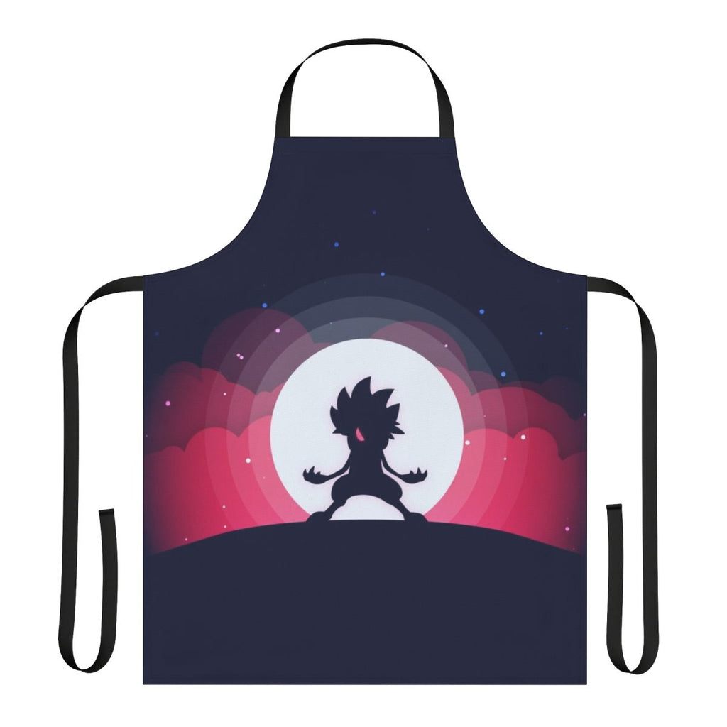A high-quality apron featuring a vibrant and detailed flat print design of the Pokemon character Lycanroc.