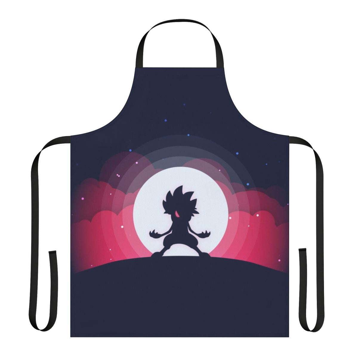 A high-quality apron featuring a vibrant and detailed flat print design of the Pokemon character Lycanroc.