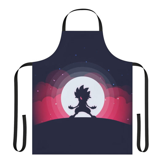 A high-quality apron featuring a vibrant and detailed flat print design of the Pokemon character Lycanroc.
