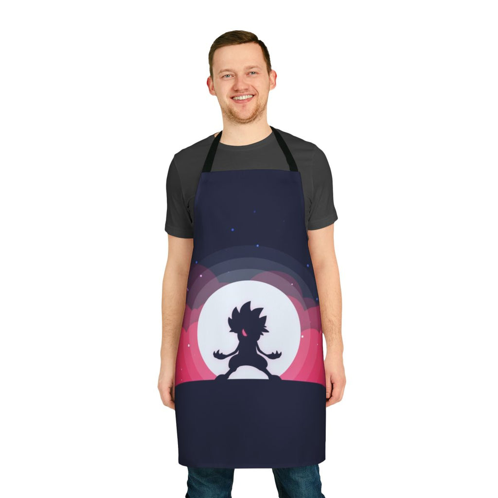 A high-quality apron featuring a vibrant and detailed flat print design of the Pokemon character Lycanroc.
