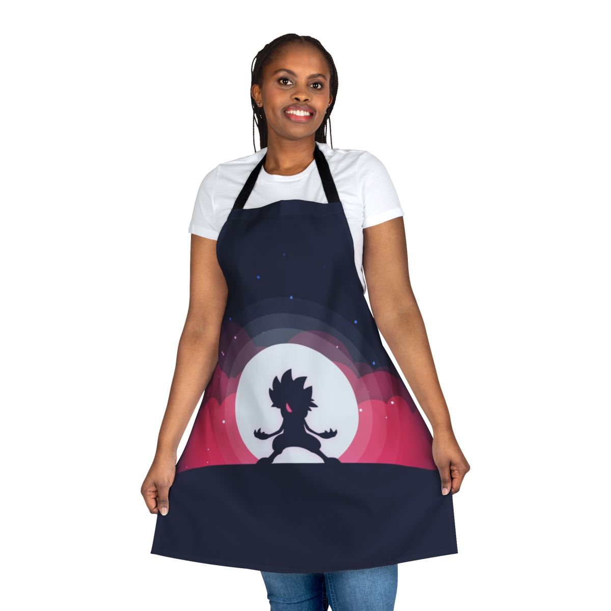 A high-quality apron featuring a vibrant and detailed flat print design of the Pokemon character Lycanroc.