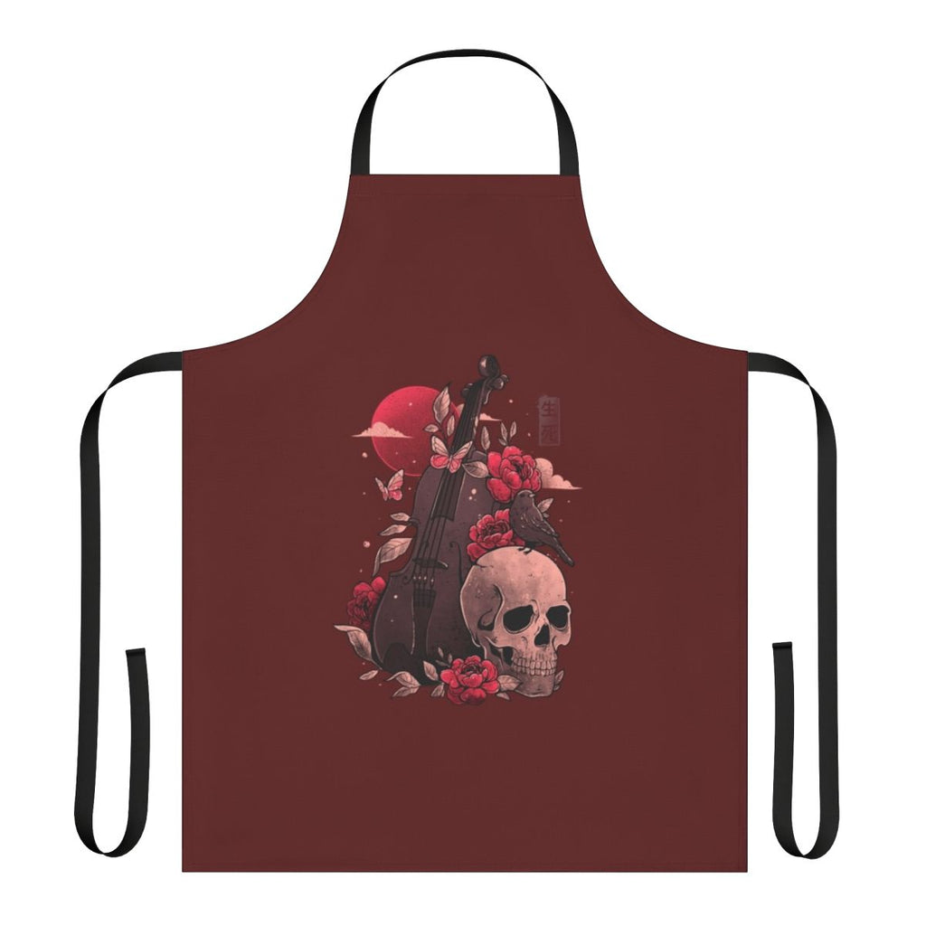Artistic apron featuring a cello skull design in a gothic style