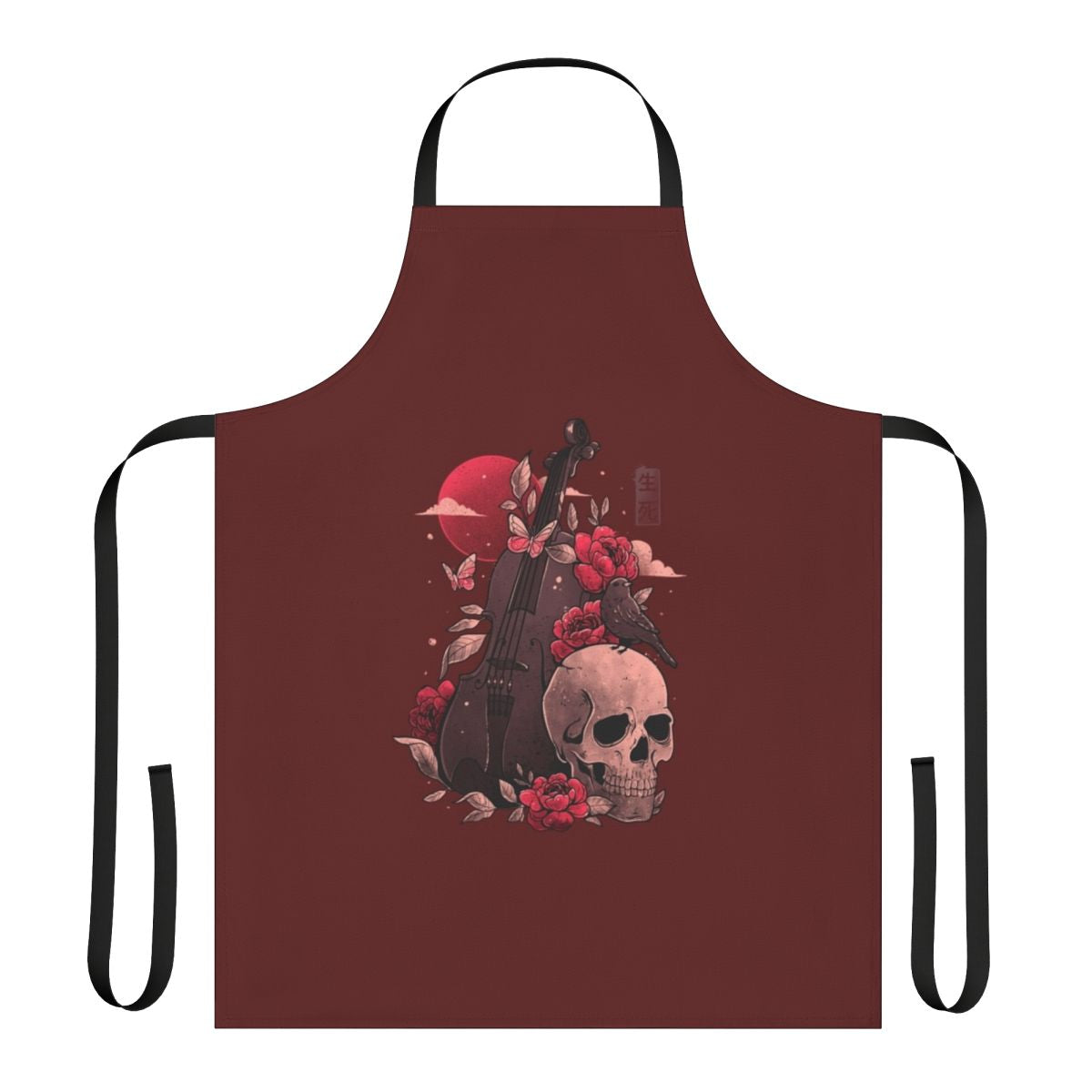 Artistic apron featuring a cello skull design in a gothic style
