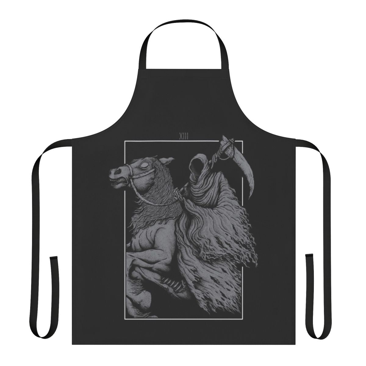 A black apron with a gothic skull and death design, an ideal accessory for the dark kitchen