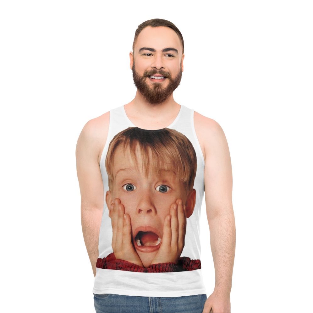 Macauly Culkin in his iconic "Home Alone" role on a unisex tank top