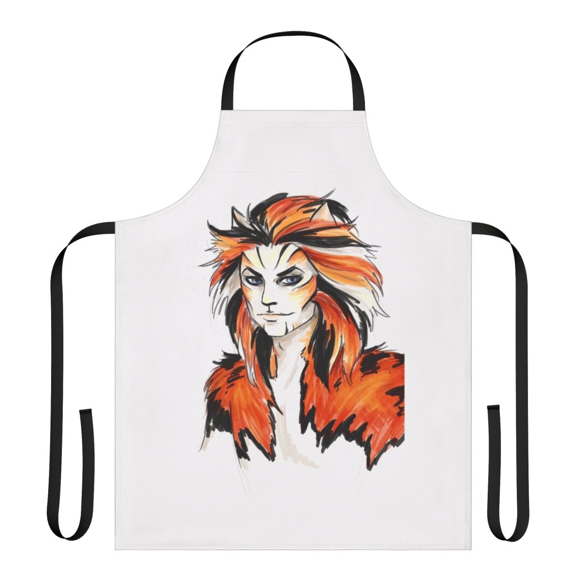 Macavity-inspired apron featuring a vibrant watercolor design of the mysterious feline character from the musical theatre classic
