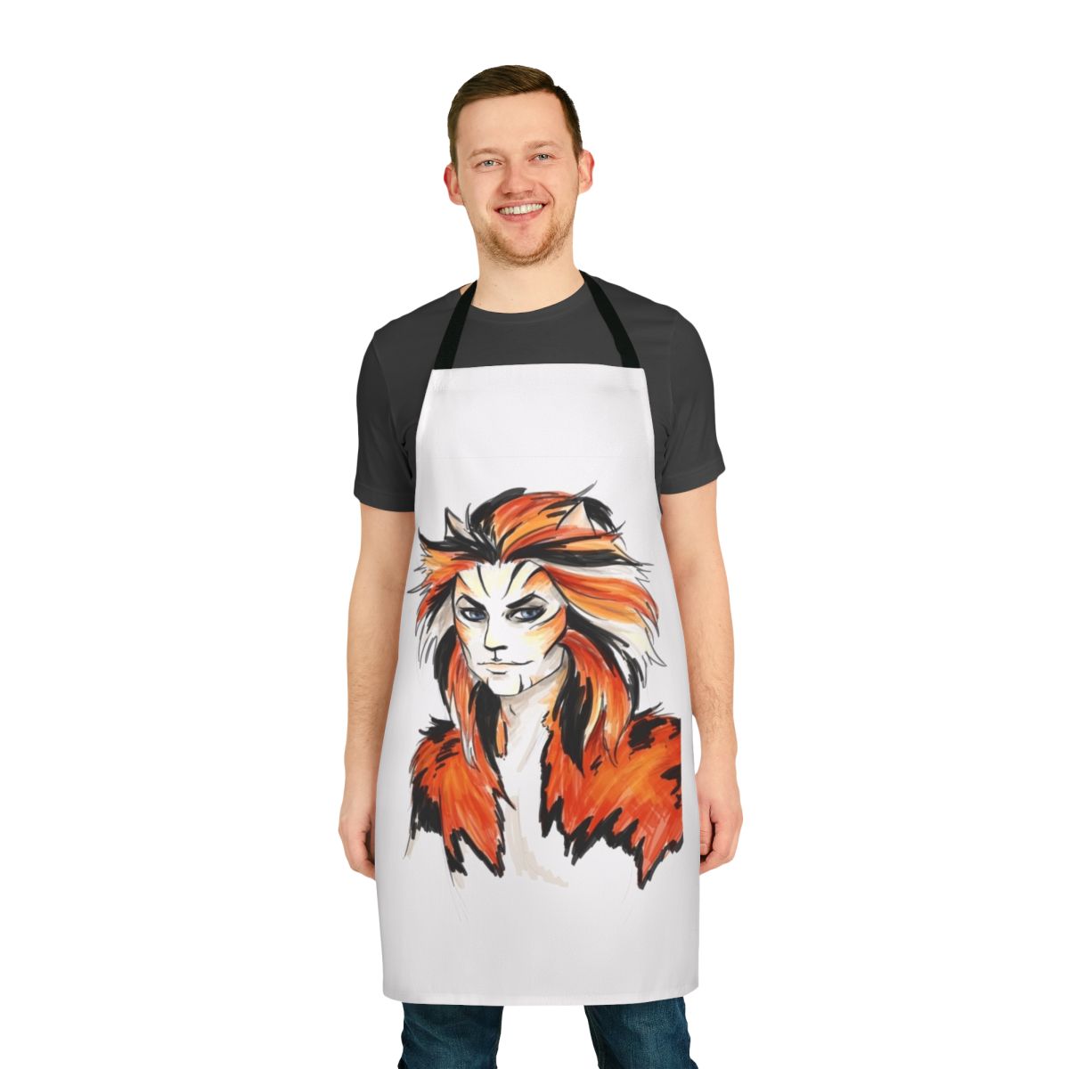 Macavity-inspired apron featuring a vibrant watercolor design of the mysterious feline character from the musical theatre classic