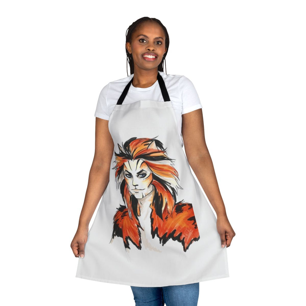 Macavity-inspired apron featuring a vibrant watercolor design of the mysterious feline character from the musical theatre classic