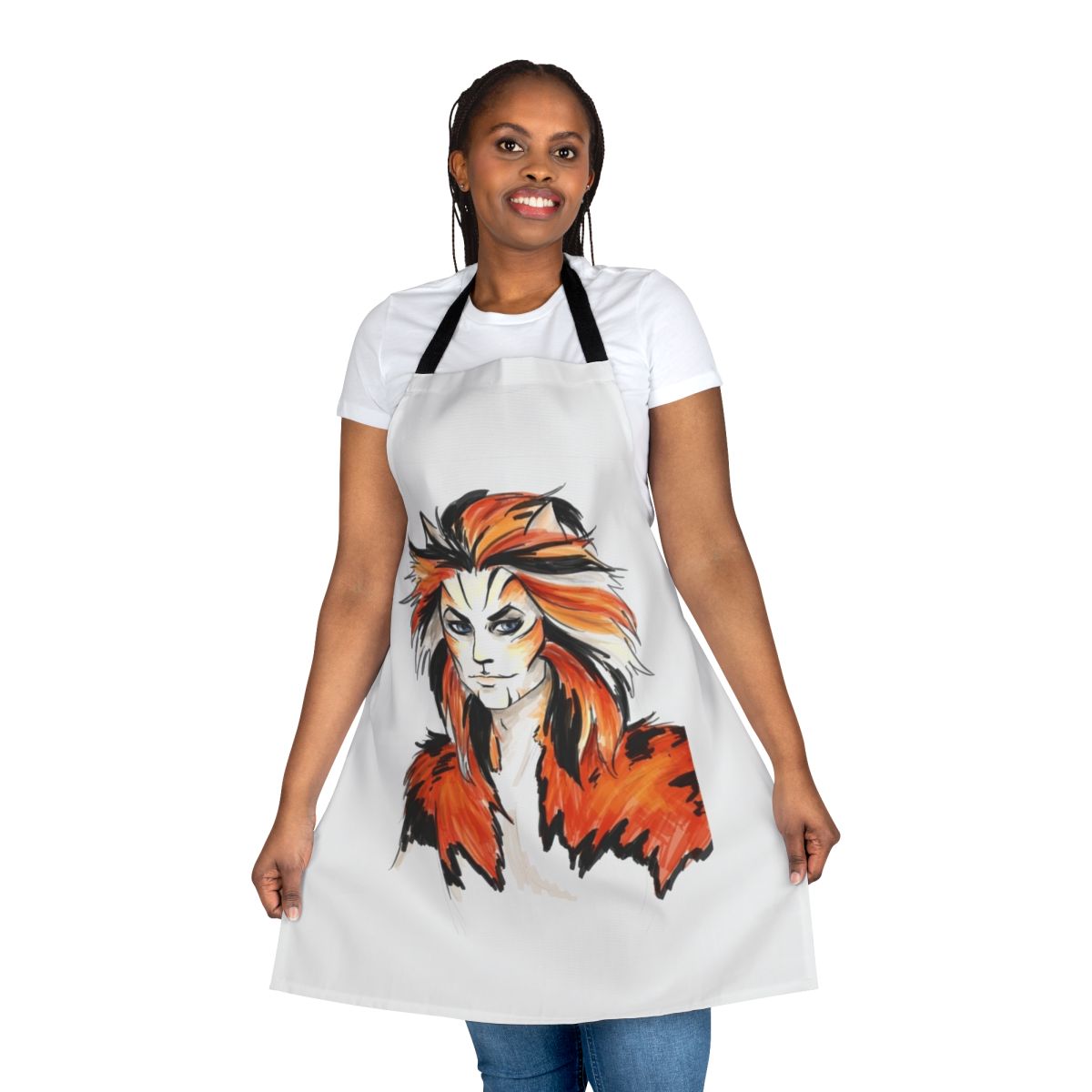 Macavity-inspired apron featuring a vibrant watercolor design of the mysterious feline character from the musical theatre classic