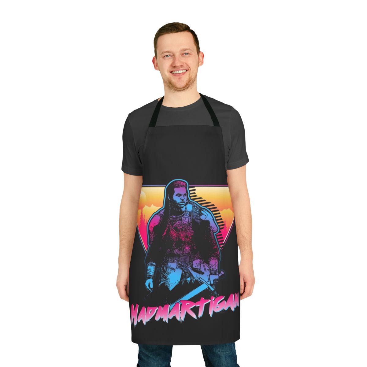 Madmartigan-themed apron with an 80s outrun style design