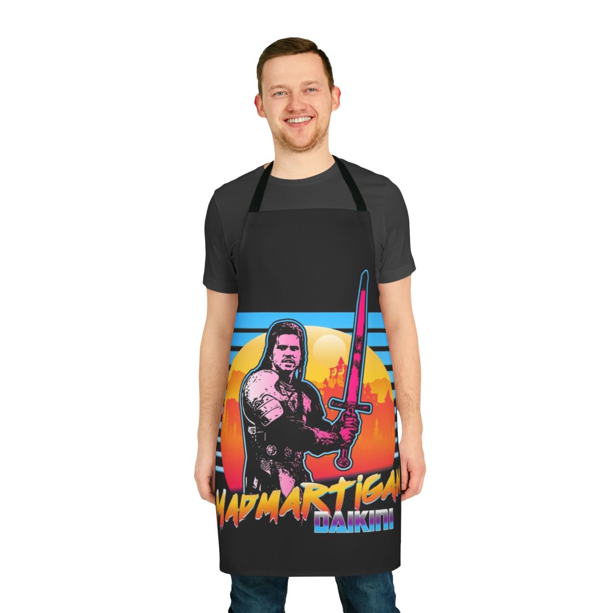 Madmartigan inspired outrun style apron with iconic character from the classic fantasy film Willow