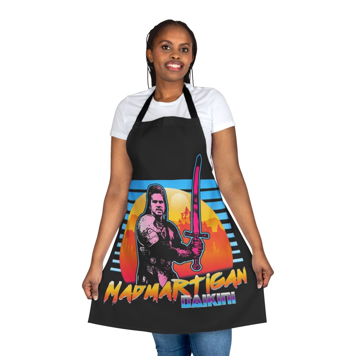 Madmartigan inspired outrun style apron with iconic character from the classic fantasy film Willow