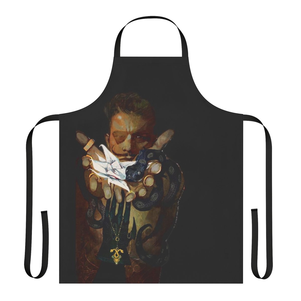 Apron with a dragon and tarot card design, inspired by the character Dorian Pavus from the video game Dragon Age Inquisition.