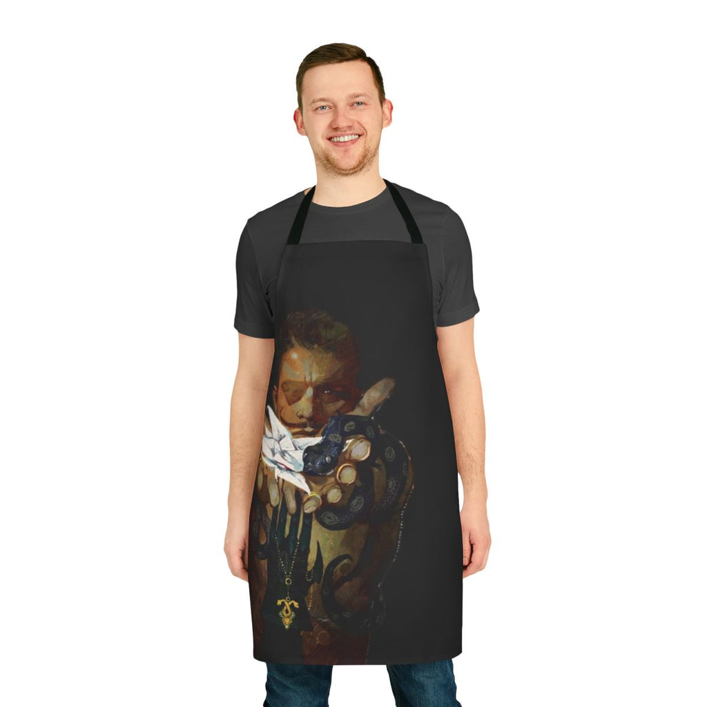Apron with a dragon and tarot card design, inspired by the character Dorian Pavus from the video game Dragon Age Inquisition.