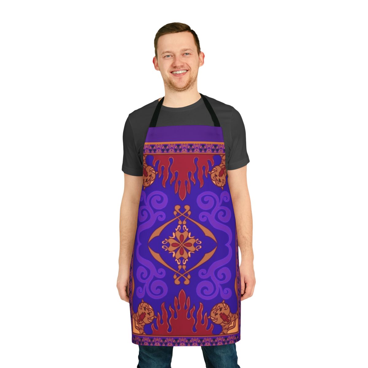 Aladdin-inspired apron featuring a vibrant magic carpet design