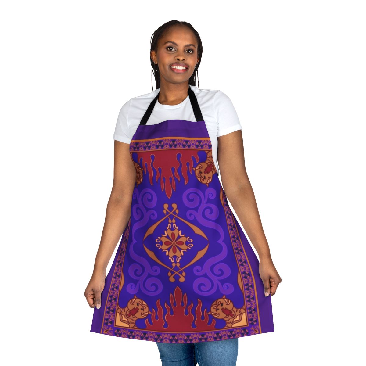 Aladdin-inspired apron featuring a vibrant magic carpet design