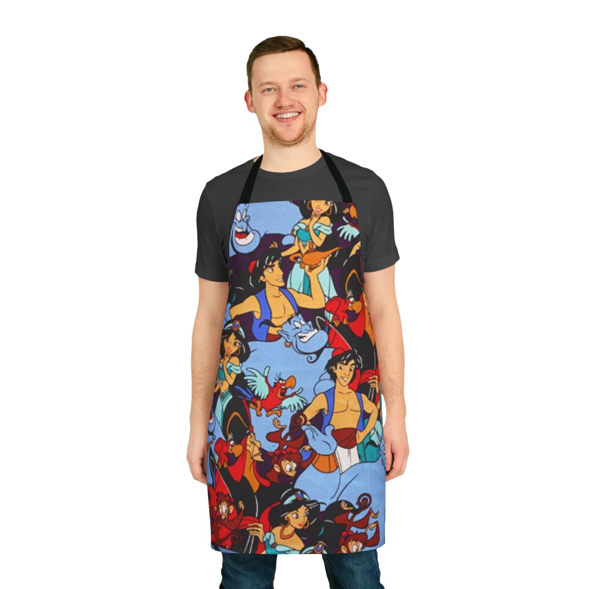 Aladdin-inspired apron featuring the iconic genie's lamp and characters