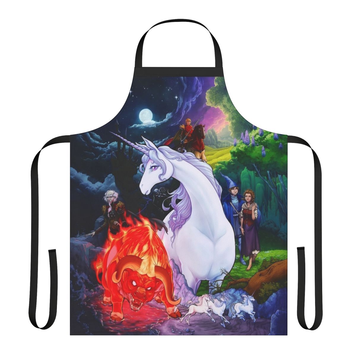 Apron with whimsical designs inspired by the classic fantasy movie The Last Unicorn