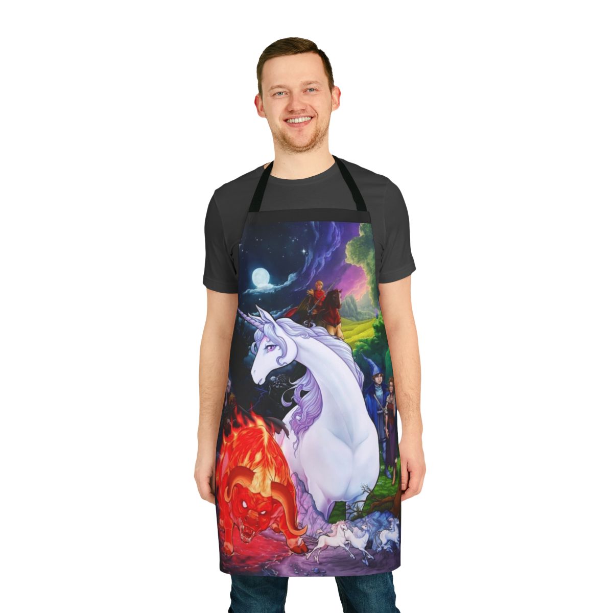 Apron with whimsical designs inspired by the classic fantasy movie The Last Unicorn