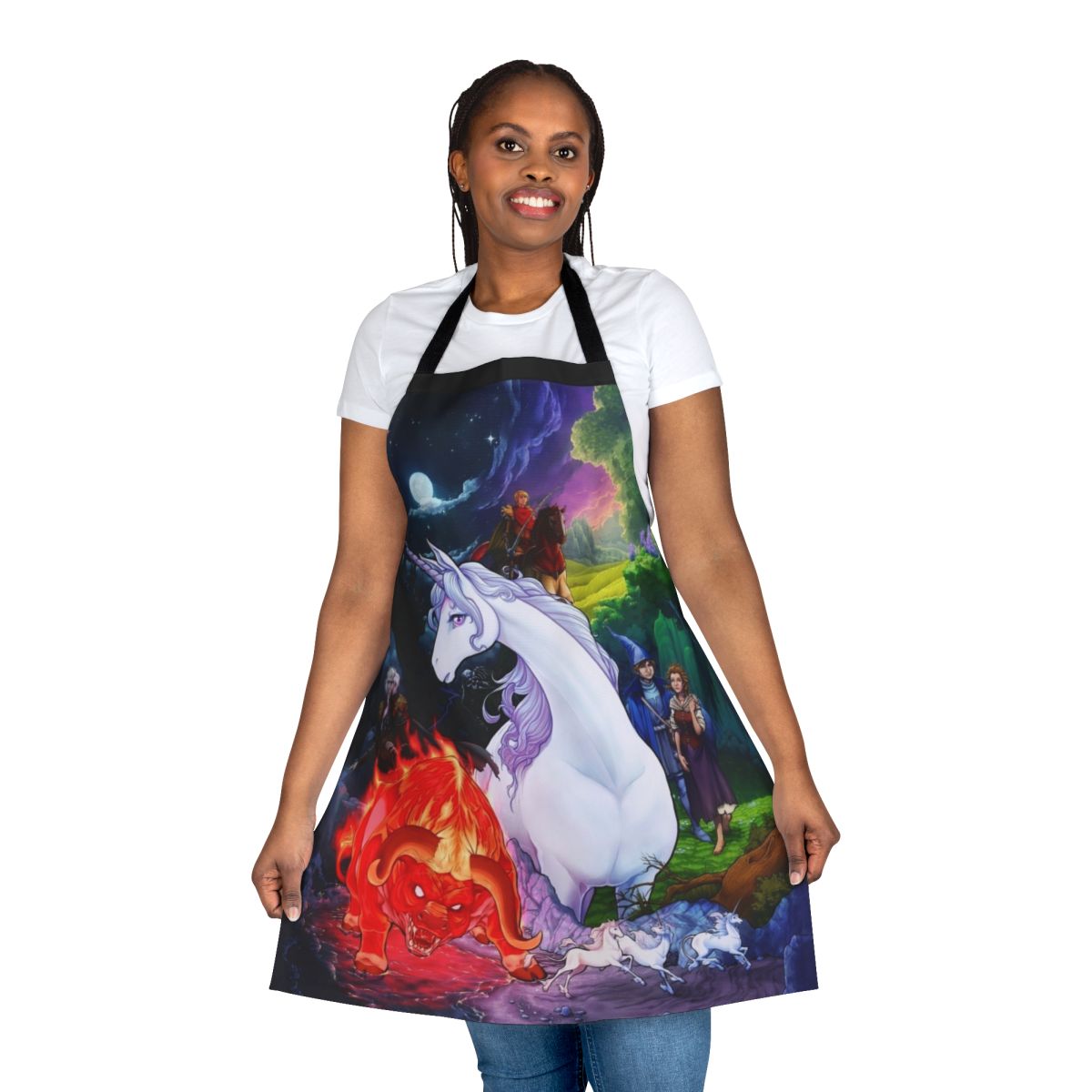 Apron with whimsical designs inspired by the classic fantasy movie The Last Unicorn
