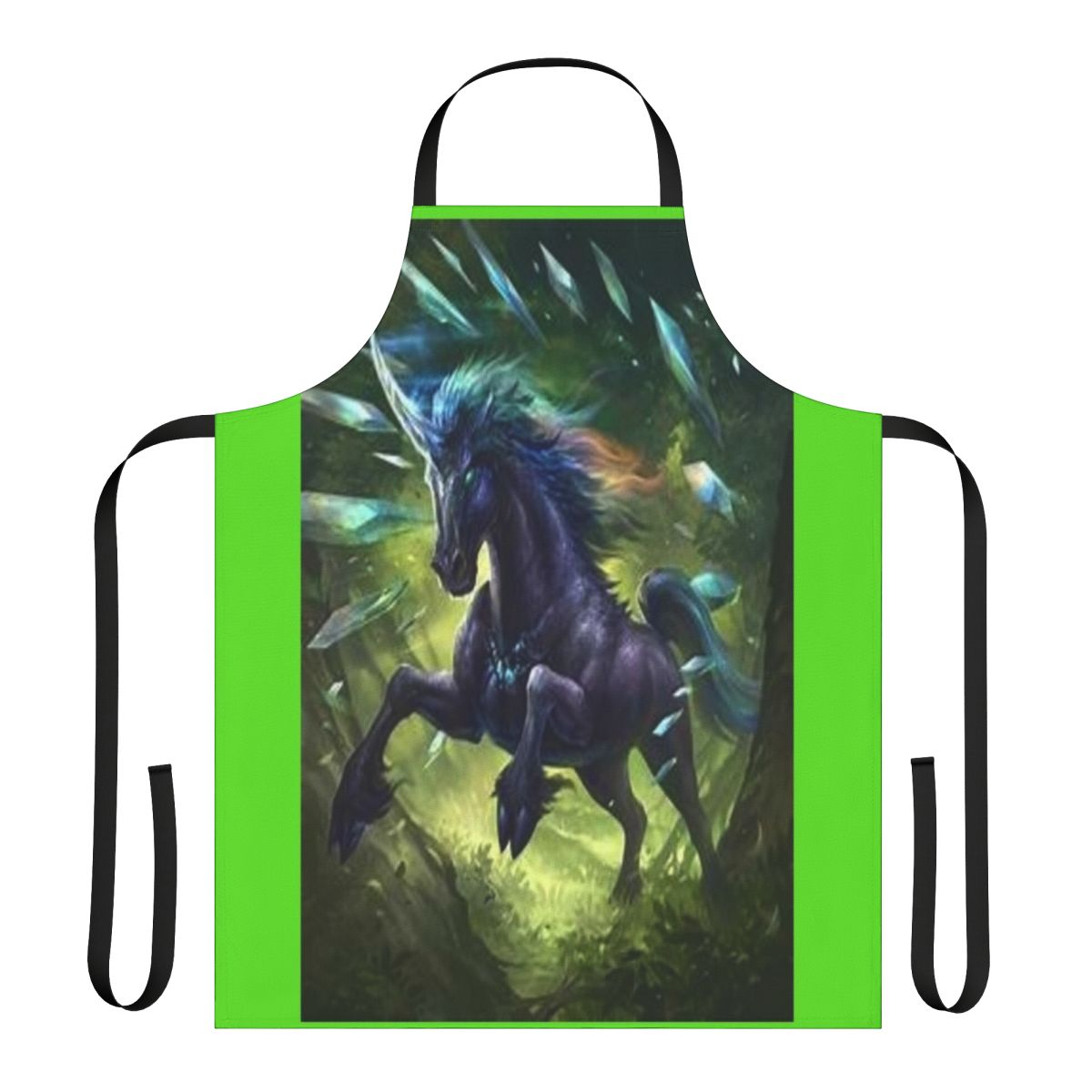 Enchanting black unicorn design printed on a high-quality apron