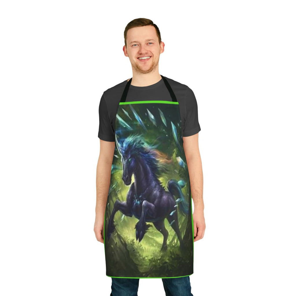 Enchanting black unicorn design printed on a high-quality apron