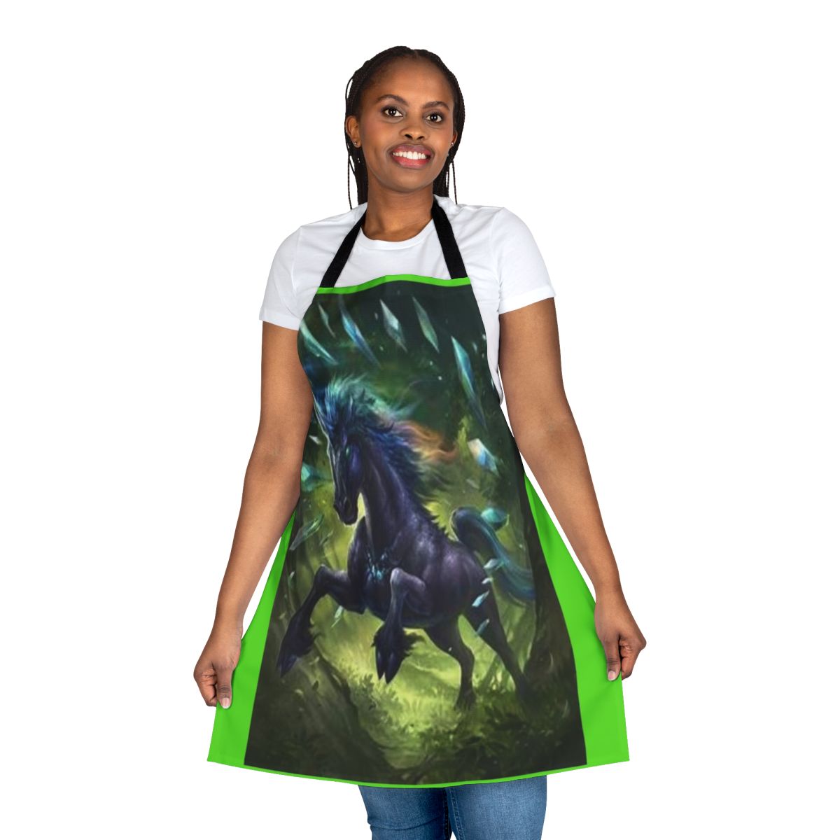 Enchanting black unicorn design printed on a high-quality apron