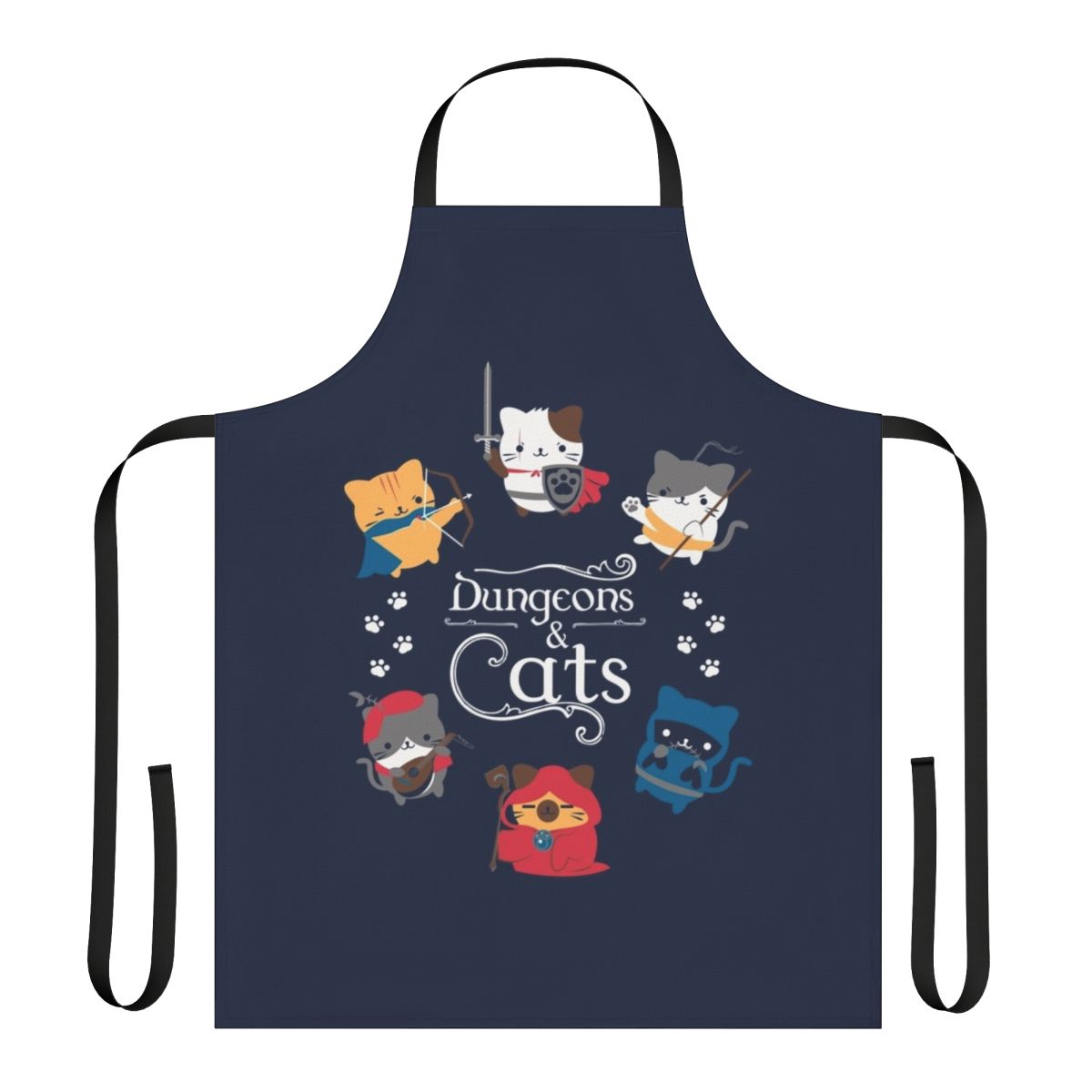 Dungeons and Cats themed apron with cute cartoon cats and fantasy elements