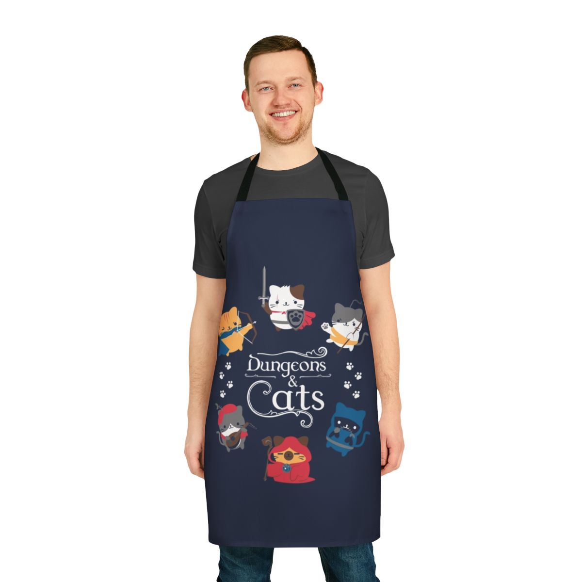 Dungeons and Cats themed apron with cute cartoon cats and fantasy elements