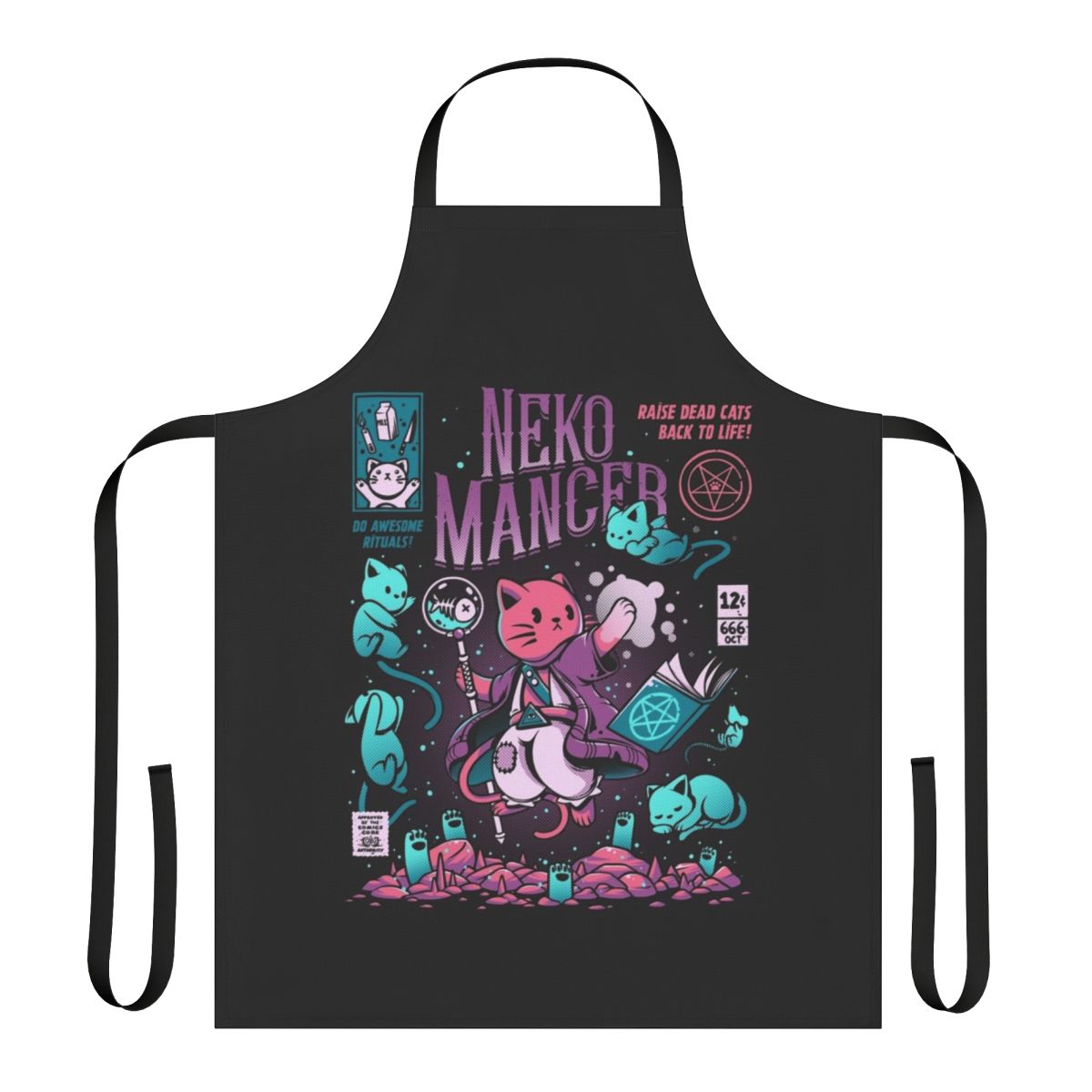 Illustration of a cute, purple-clad feline necromancer wearing an apron with mystical designs.
