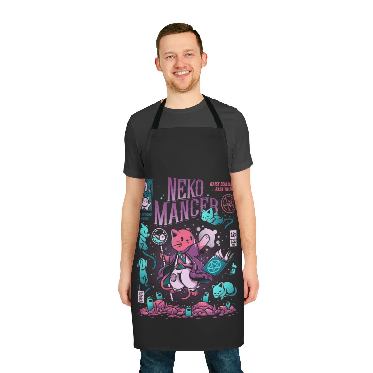 Illustration of a cute, purple-clad feline necromancer wearing an apron with mystical designs.