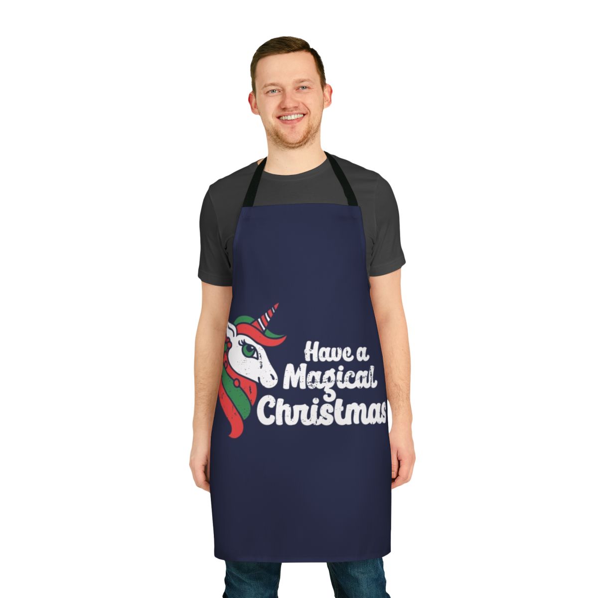 Festive unicorn-themed apron with a magical, holiday design