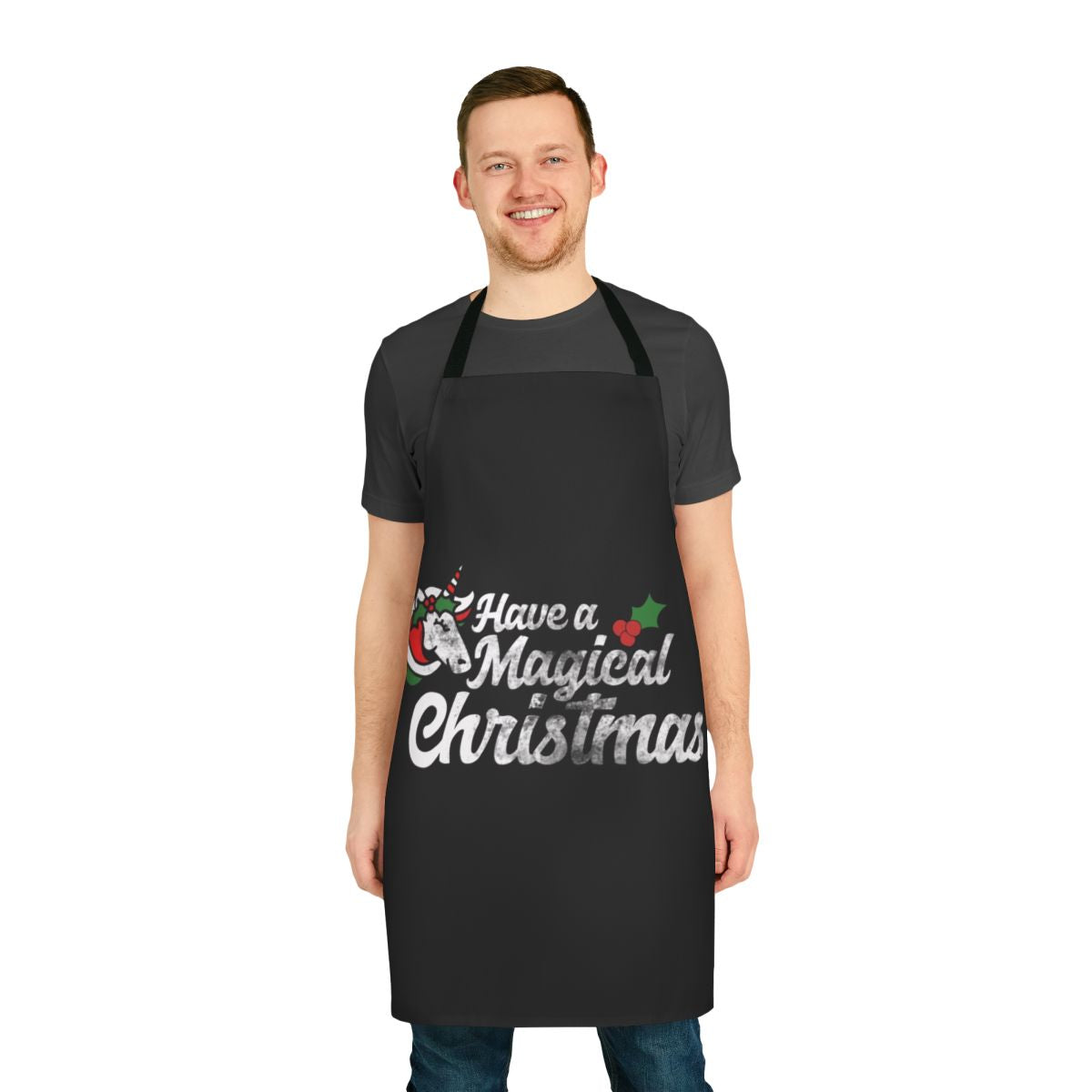 Magical Christmas apron featuring a unicorn design in a retro style