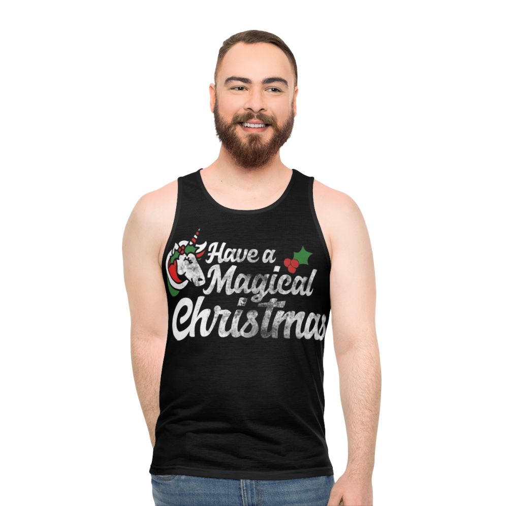 Magical Christmas unisex tank top featuring a retro unicorn design