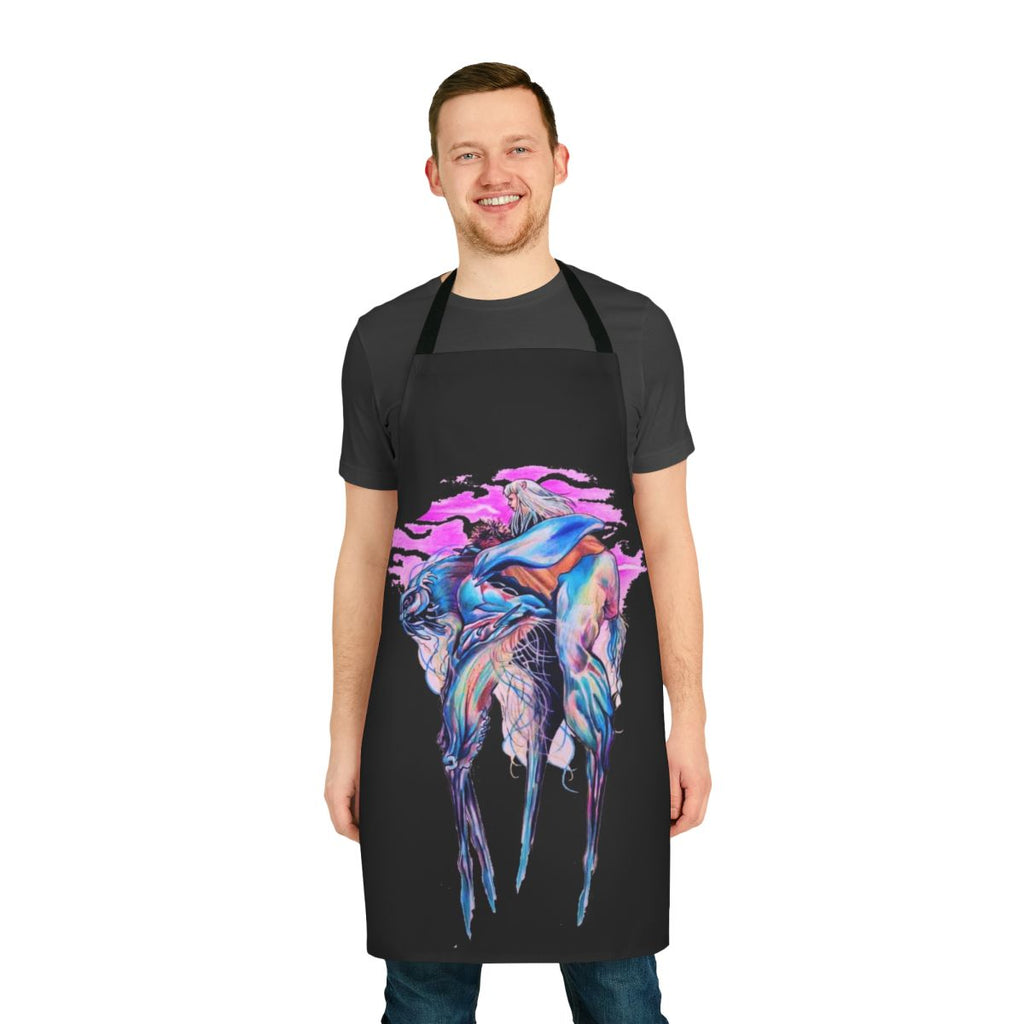 A dark, mystic-inspired apron featuring creatures and imagery from the classic fantasy film "The Dark Crystal"