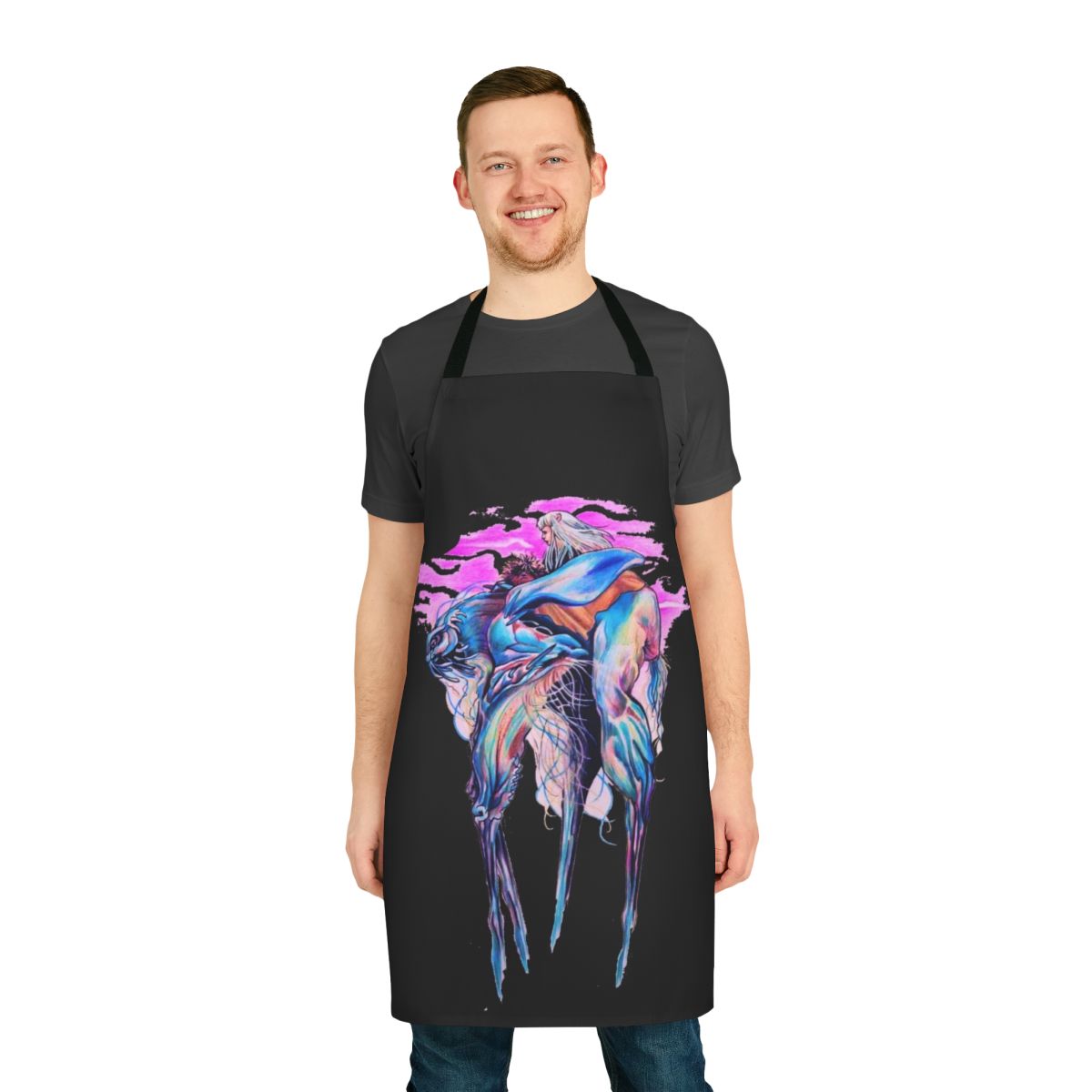 A dark, mystic-inspired apron featuring creatures and imagery from the classic fantasy film "The Dark Crystal"