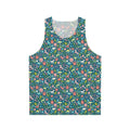 Dinosaur and unicorn unisex tank top with a floral pattern