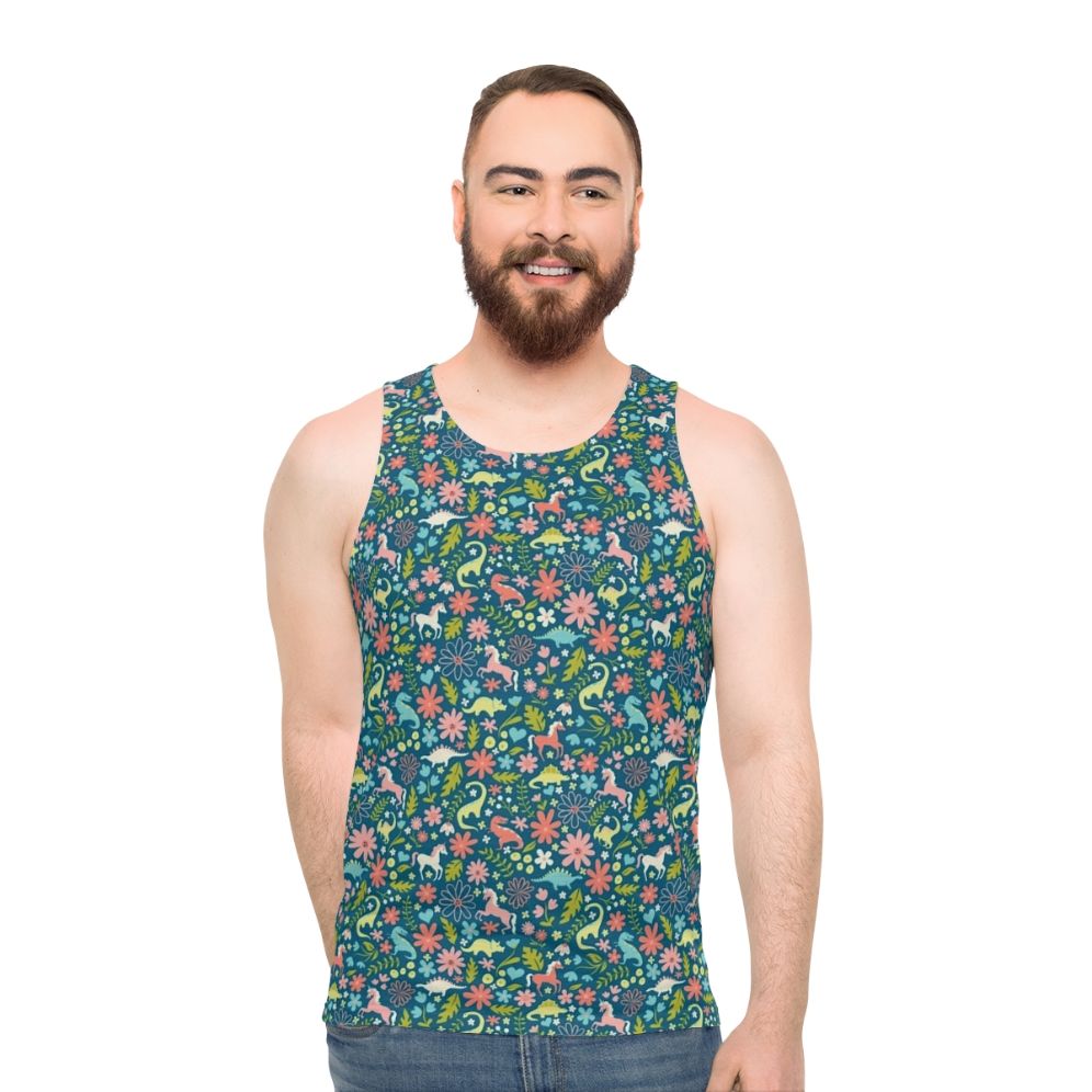 Dinosaur and unicorn unisex tank top with a floral pattern