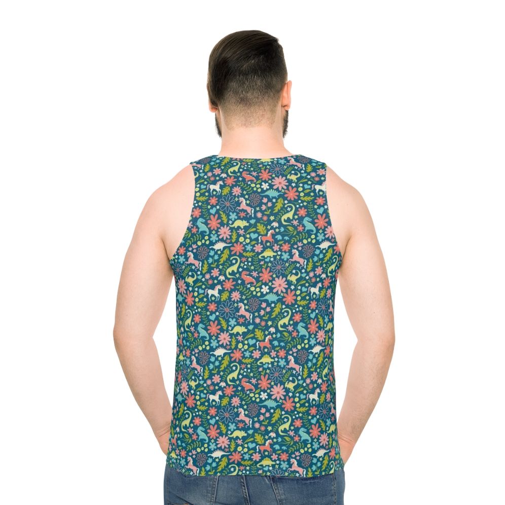 Dinosaur and unicorn unisex tank top with a floral pattern