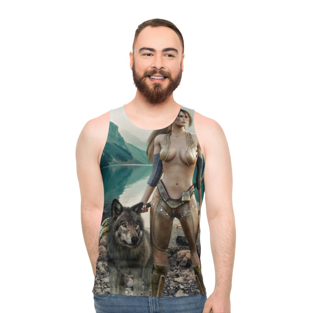 Magical druid and wolf unisex tank top