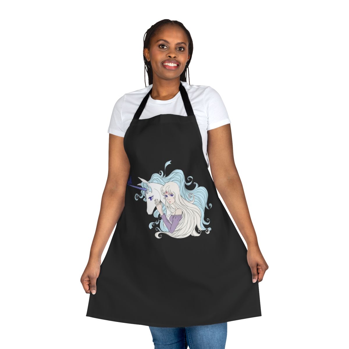 Whimsical fantasy unicorn design apron, inspired by the classic film The Last Unicorn