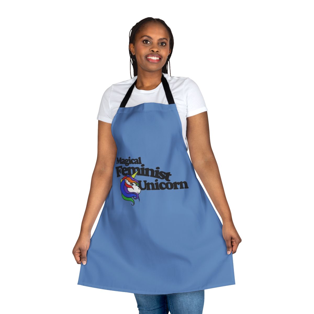 Magical feminist unicorn-themed apron with rainbow and retro design