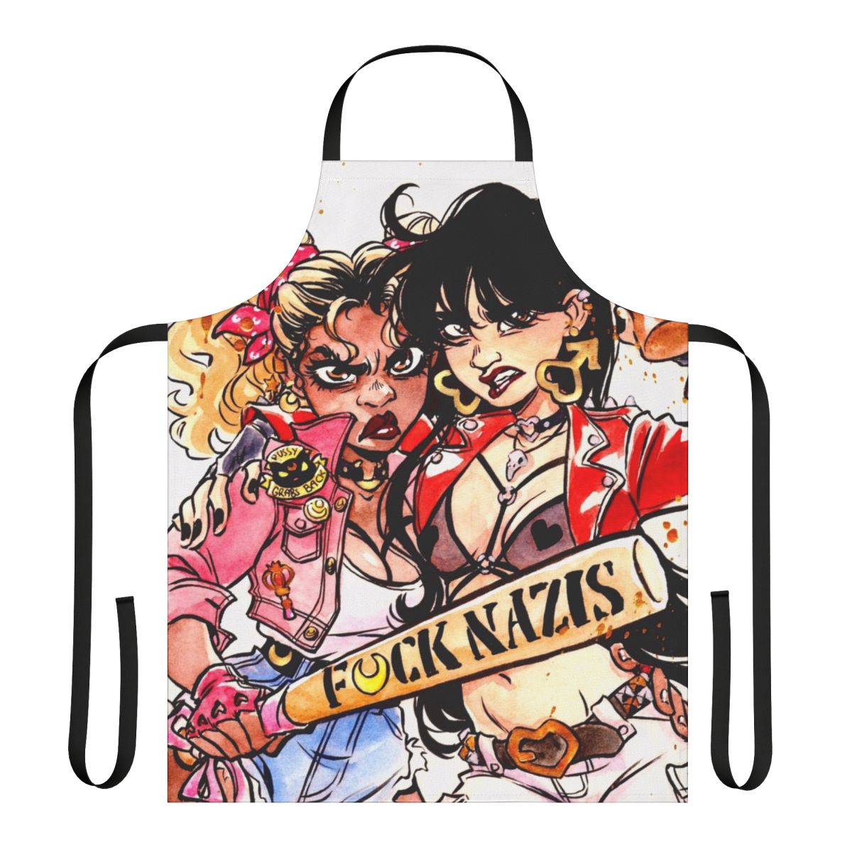 Watercolor-style illustration of magical girl characters on a high-quality apron