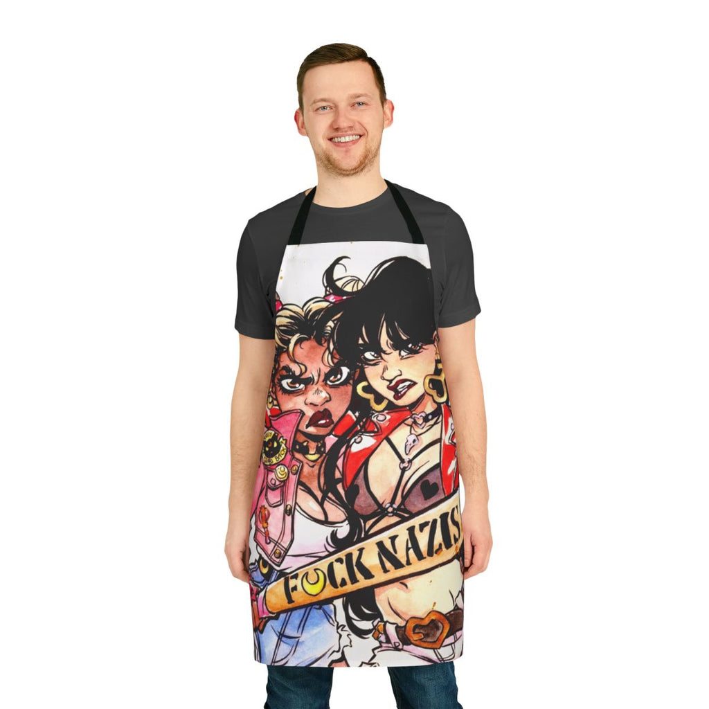 Watercolor-style illustration of magical girl characters on a high-quality apron