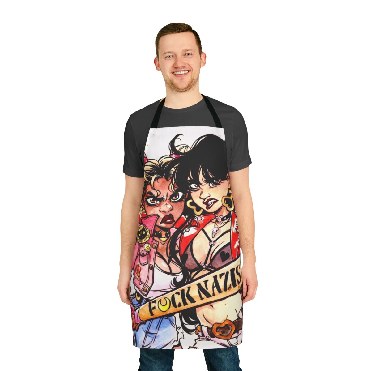 Watercolor-style illustration of magical girl characters on a high-quality apron