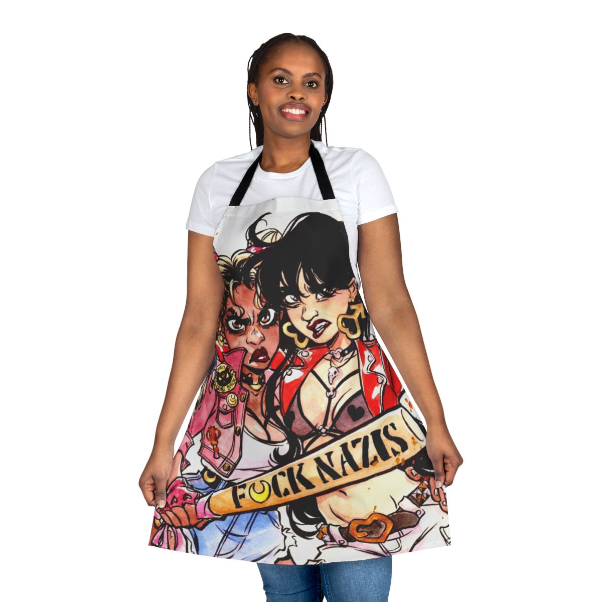Watercolor-style illustration of magical girl characters on a high-quality apron