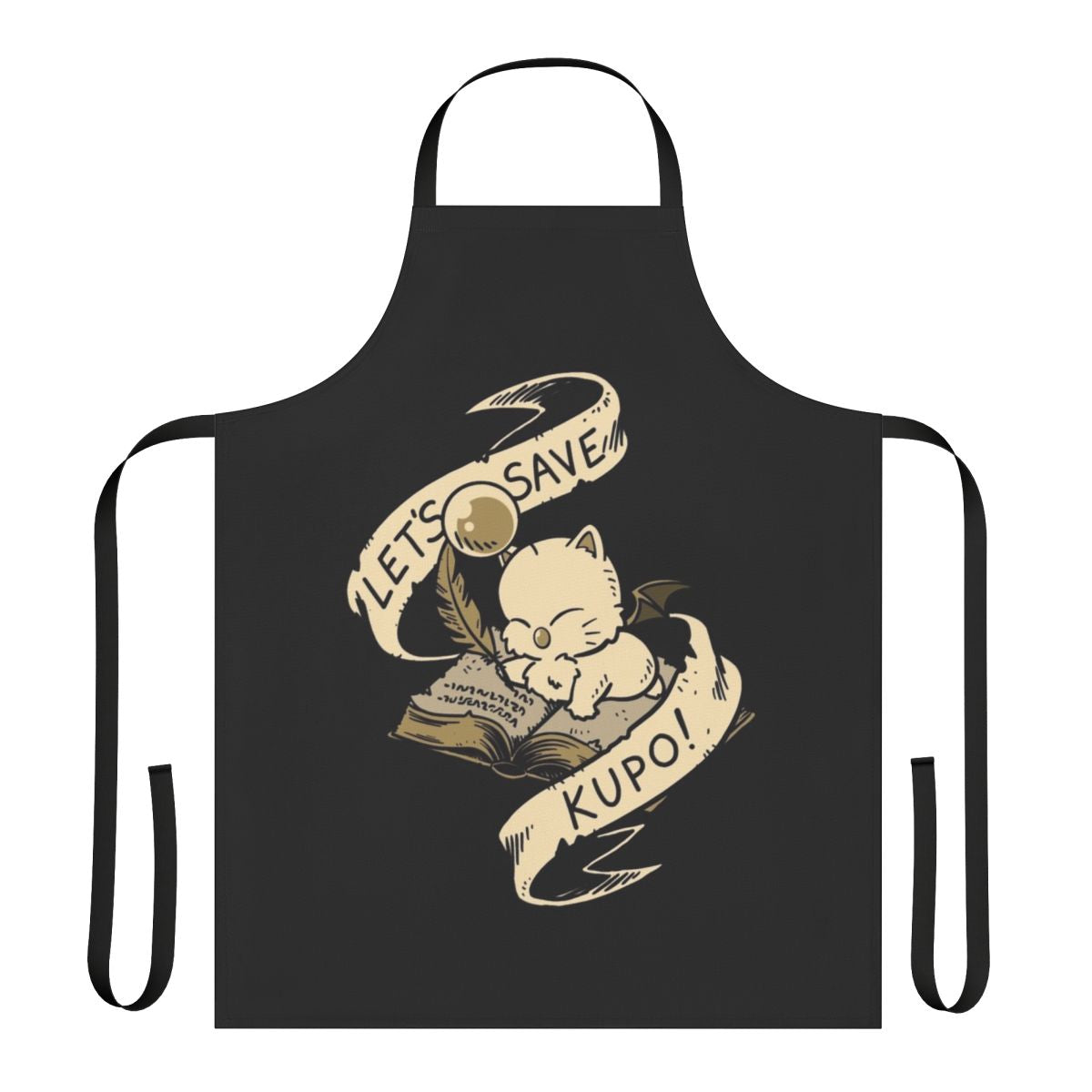 A black fantasy apron with a "Let's Save Kupo" design featuring a feather pen, old book, and bat wings