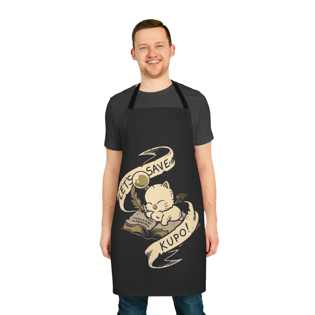 A black fantasy apron with a "Let's Save Kupo" design featuring a feather pen, old book, and bat wings